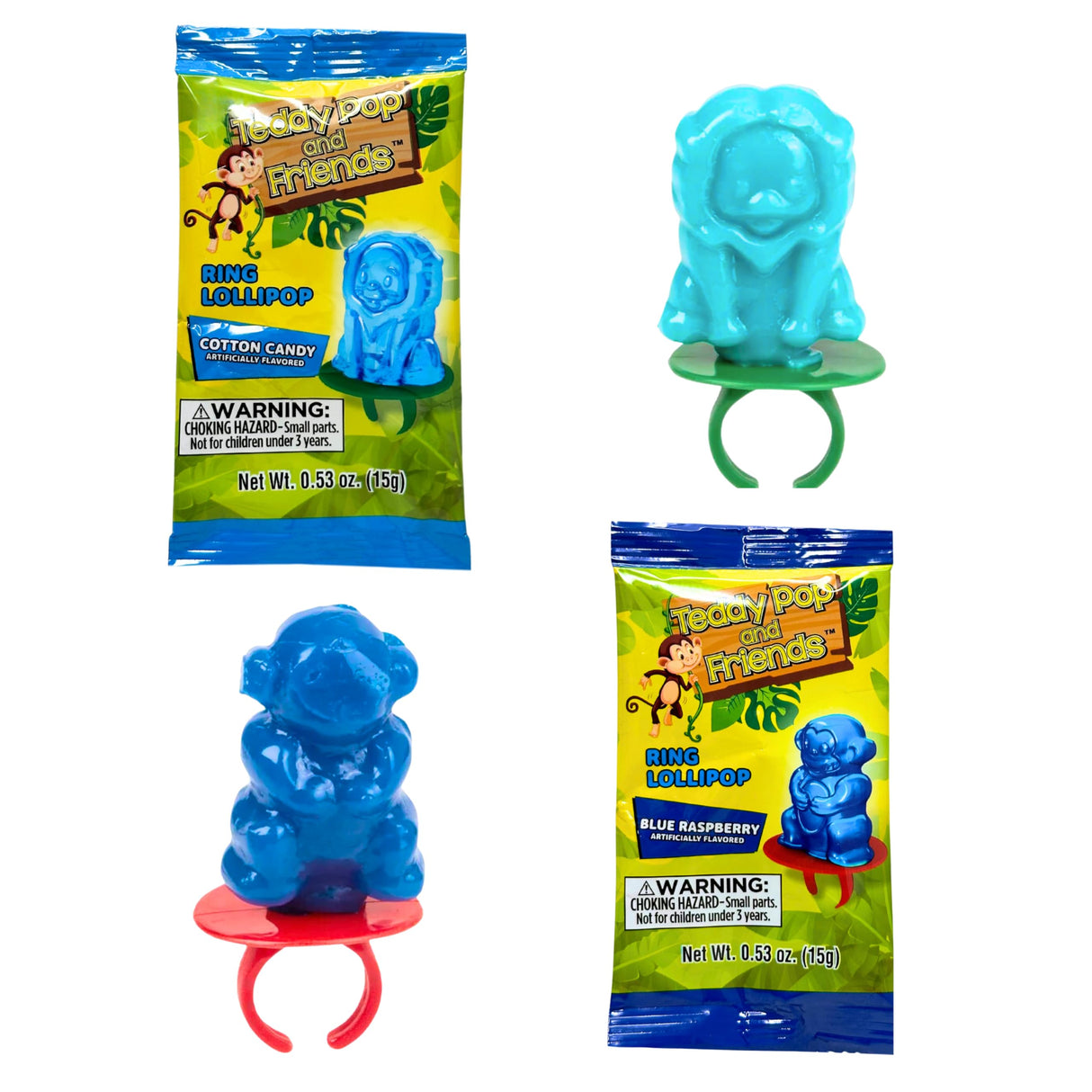 Teddy Pop & Friends Ring Lollipops - Blue Raspberry & Cotton Candy (30 Ct)
